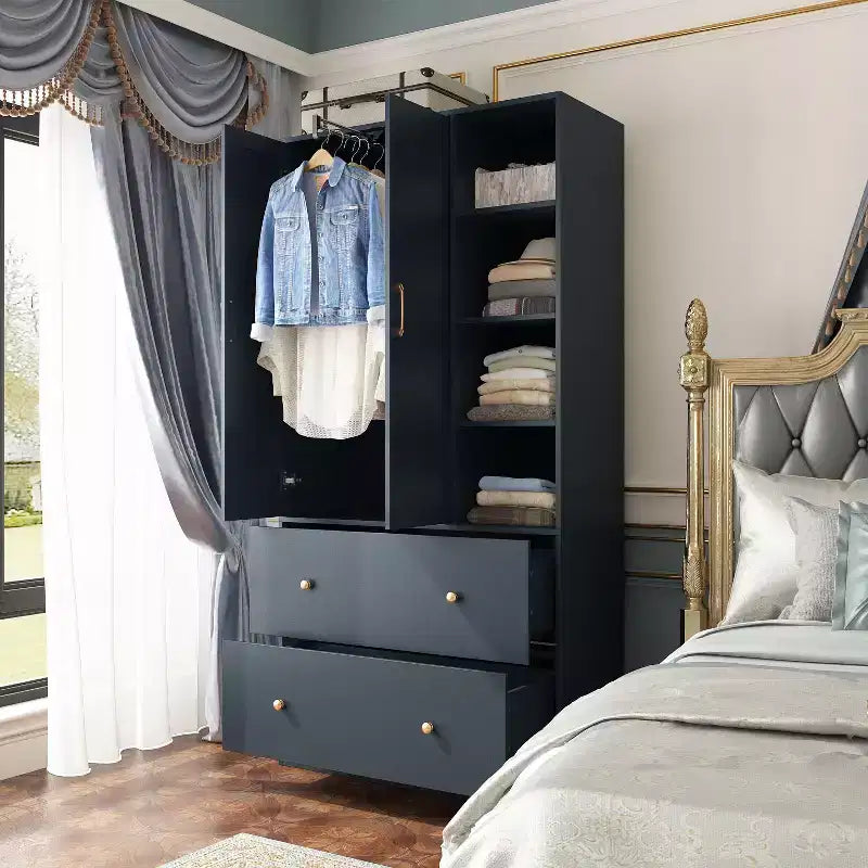 2-Door Armoire with Mirror, Hanging Rod and 2 Drawers