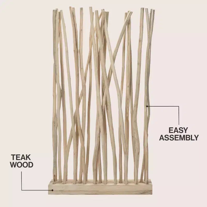 JONATHAN Y Tranquil 39W x 68H Coastal Bohemian Handcrafted Teak Branch Single Panel Room Divider