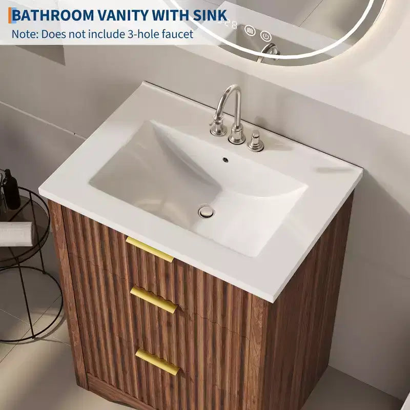 Modern Fluted Bathroom Vanity Set with Integrated Ceramic Basin Freestanding Bathroom Storage Vanity Cabinet with 3 Drawers for Contemporary Bathroom
