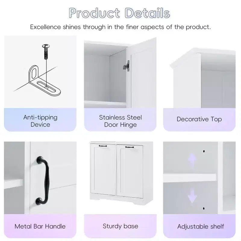 Bathroom Storage Cabinet with Doors and Drawers Tilt-Out Laundry Hamper Multiple Storage Space Freestanding Style