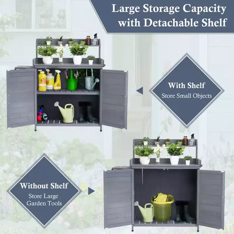 Outdoor Potting Bench with Foldable Shelf, Storage Cabinet & Durable Galvanized Metal Worktop for Garden, Patio, or Backyard