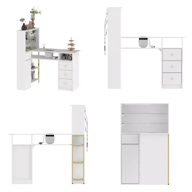 White Nail Table with Built-in Dust Extractor, Tempered Glass Display, Gold Handles Nail Salon Station Makeup Vanity Makeup Table
