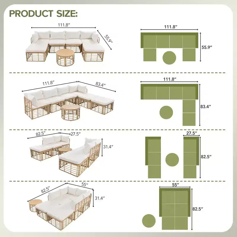 Whisen Weather-Resistant Rattan Outdoor Sectional Sofa Set Patio Couch Set with Thick Cushions and Pillows, Freely Combined Conversation Sets