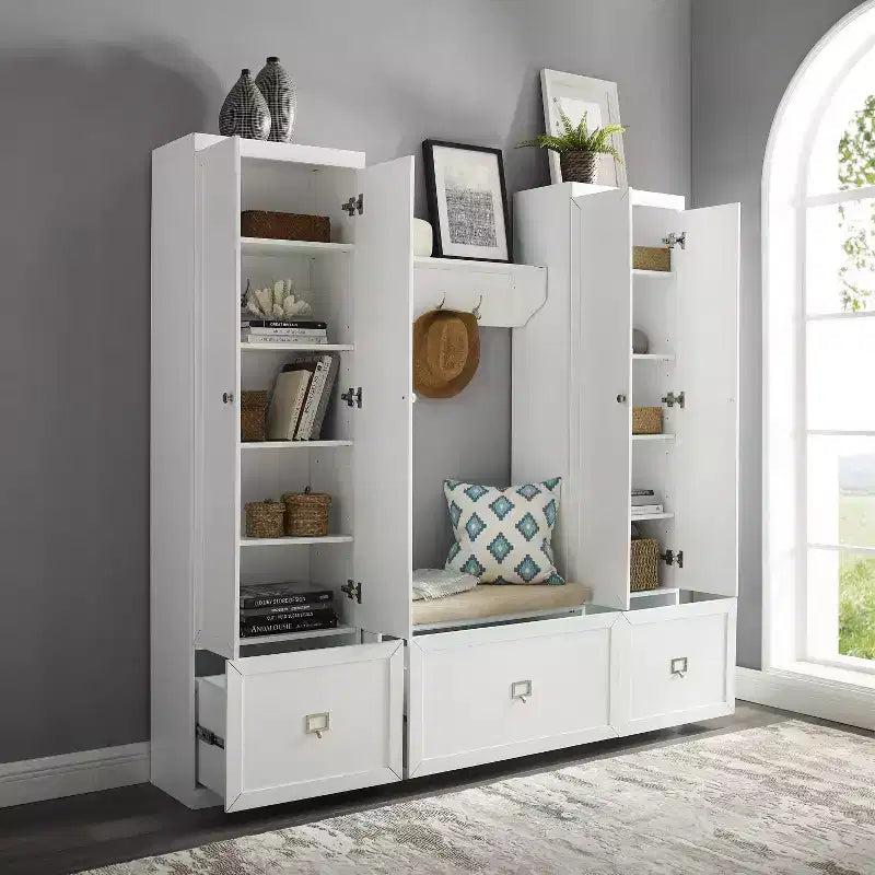 4pc Harper Entryway Set with Bench, Shelf & 2 Pantry Closets: Organizer with Coat Rack - Crosley