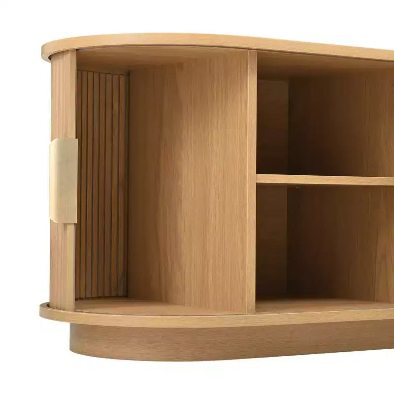Meuble TV en bois GDFStudio Roy Farmhouse avec porte coulissante à tambour et rangement réglable