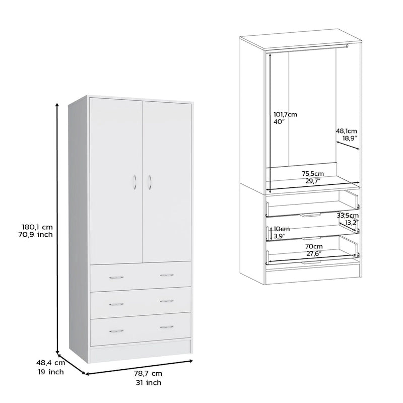 19 Modern Double-door Armoire with 3 Drawers and 1 Hanging Rod for Bedroom