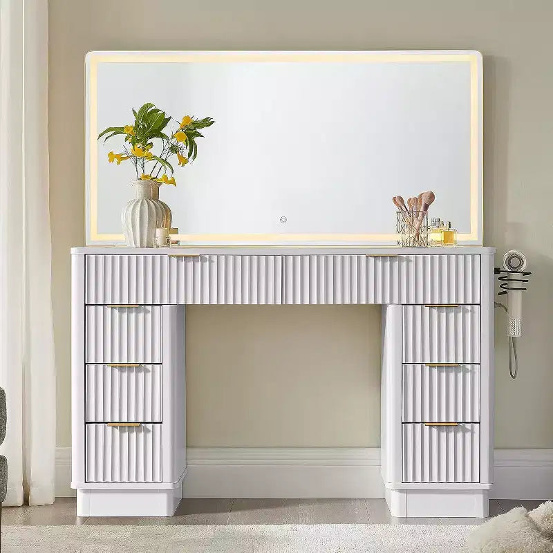 48 Fluted Makeup Vanity Desk with Mirror and Lights, Modern Vanity Table with 8 Drawers & Charging Station, Vanity Desk with Glass Top