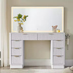 48 Fluted Makeup Vanity Desk with Mirror and Lights, Modern Vanity Table with 8 Drawers & Charging Station, Vanity Desk with Glass Top