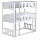 Twin Size Triple Rubber Wood Bunk Bed with Ladders & Guardrails, Detachable, White