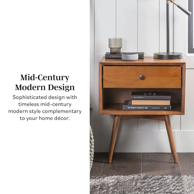 Set of 2 Mid-Century Solid Wood Nightstands with 1 Drawer, Bedroom Side Tables
