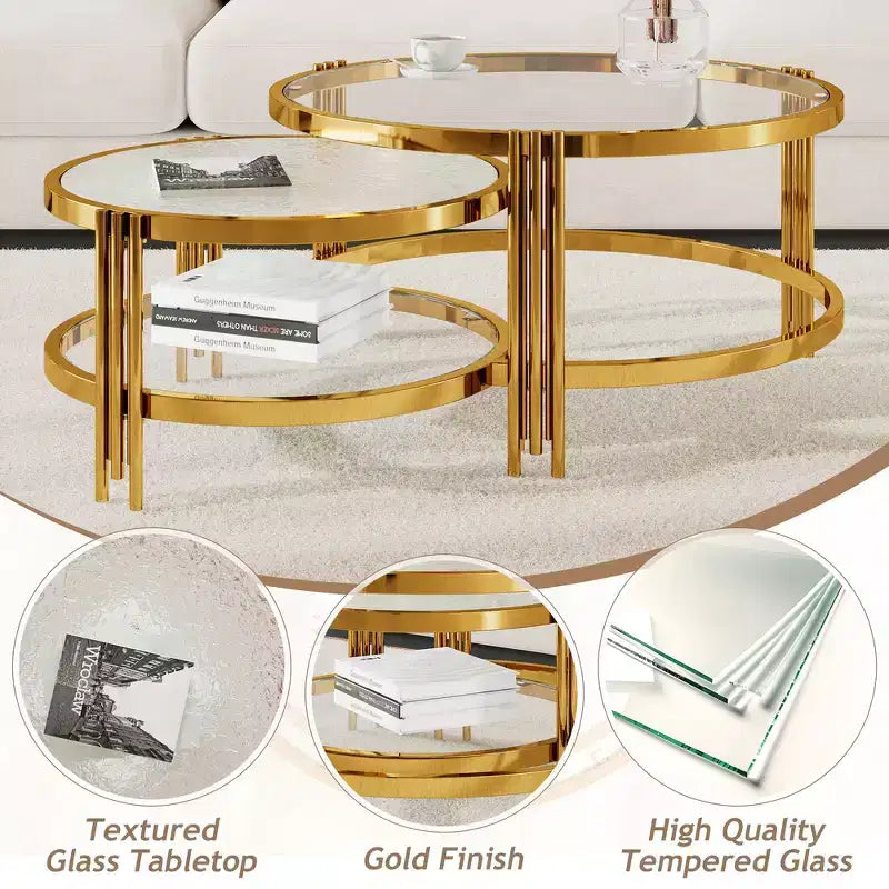 Whisen Modern 2 - Pièces Finition Or avec Verre Texturé Table Basse, Tables Basses Gigognes en Verre Trempé - Transparent & Doré