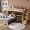 Wood Twin Size Bunk Bed with Desk and Staircase, L-Shaped Twin over Twin Loft Bed with Storage Compartments and Shelves