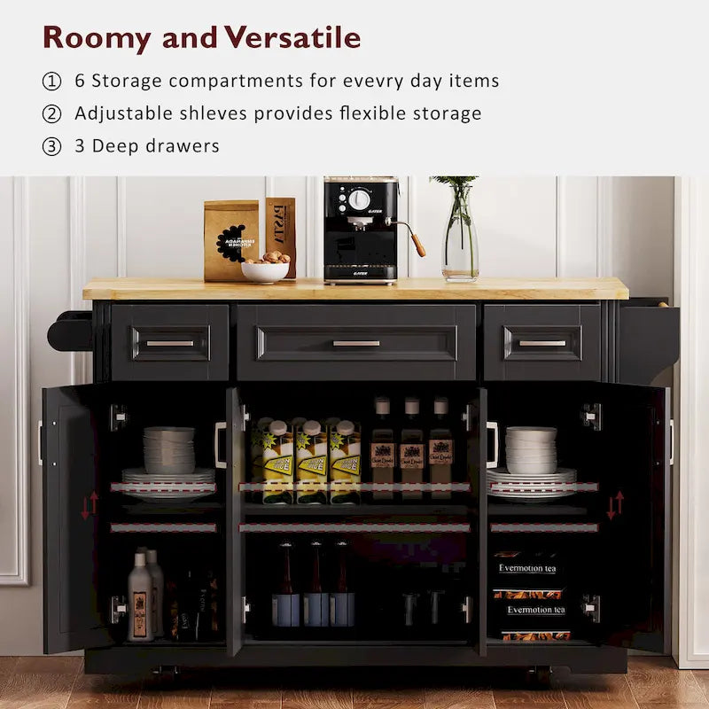 54  Large Kitchen Island with Rubber Wood Drop Leaf, Embossed Texture Rolling Kitchen Cart on 4 Wheels with 4 Doors & 3 Drawers