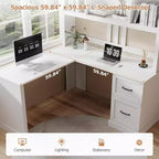 Zevemomo 60 L Shaped Desk with Hutch and Drawers, Corner Computer Desk with Open Storage Shelves,for Home Office or Bedroom, Modern white