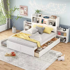 Full Storage Platform Bed with Trundle, Bookcase Headboard and Charging Station, Wooden Full Size Bed Frame with Shelves and Drawers