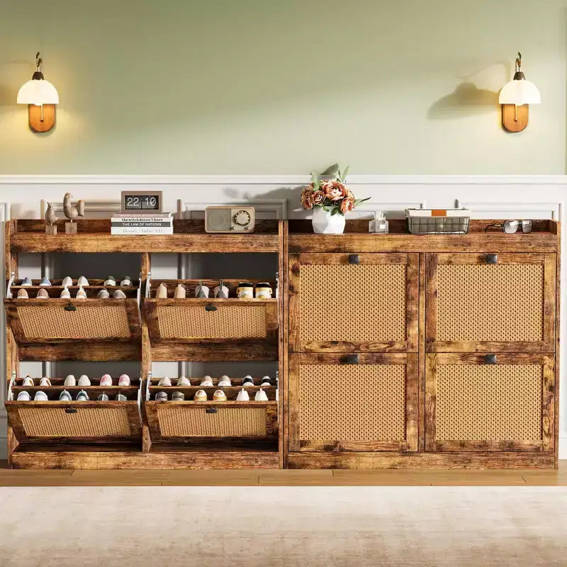 Meuble à Chaussures avec 4 Tiroirs Basculants, Meuble à Chaussures en Bois avec Portes en Rotin et Étagères Réglables - Organisateur de Chaussures Autonome