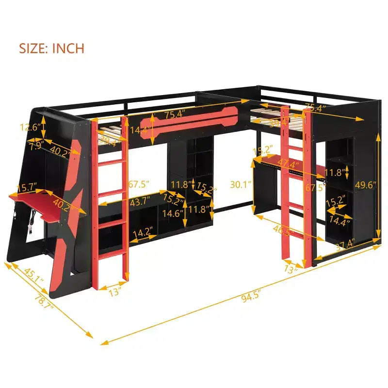 L-Shaped Gaming Loft Bed with Desks, Double Twin Loft Beds with LED Lights, USB Ports, Storage Bookshelves, Wood Corner Loft Bed for 2