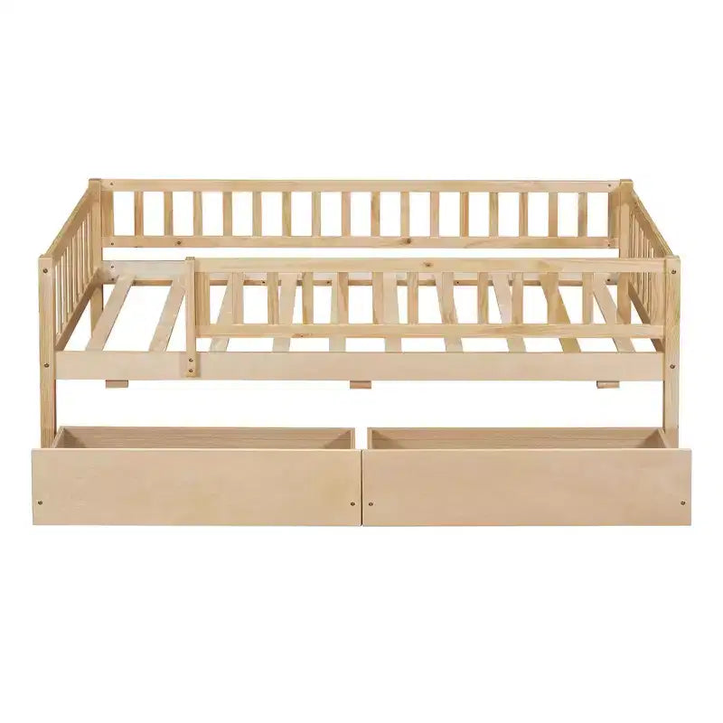 Twin Size Low Daybed with Storage Drawers, Wood Twin Platform Bed Frame with Rails for Boys and Girls Bedroom