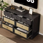 7 Drawer Dresser for Bedroom, 47.3 Wide Natural Rattan Chest of Drawers, Wood Boho Clothing Storage Organizer, for Living Room