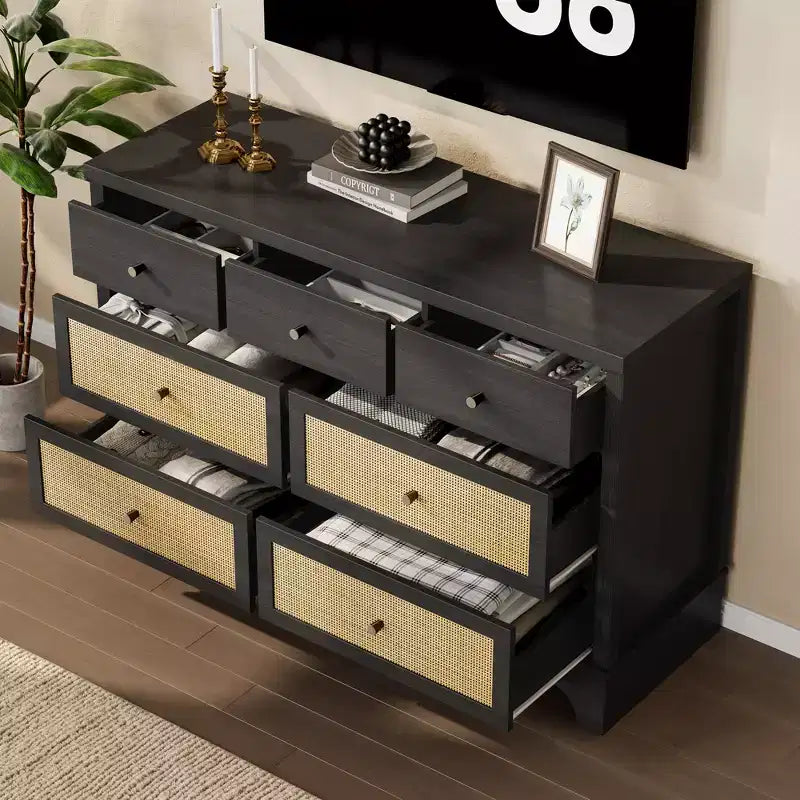 7 Drawer Dresser for Bedroom, 47.3 Wide Natural Rattan Chest of Drawers, Wood Boho Clothing Storage Organizer, for Living Room