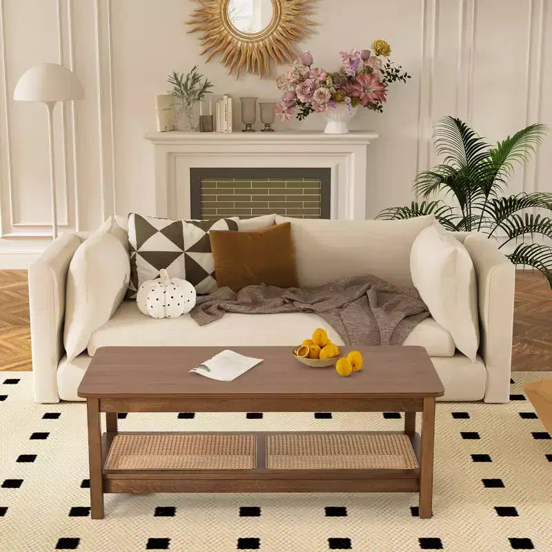 Bekrvio 47.2'' Boho Mid Century Modern Coffee Table, 2-Tier Rustic Rectangle Wood Center Table with Wood Legs & Rattan Shelf, for Living Room