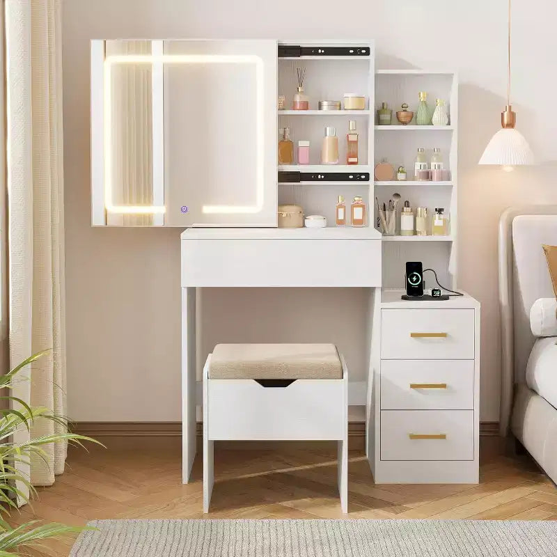DobleePy Modern Vanity Desk with Sliding Mirror & LED Lights, 4 Drawers, 7 Shelves, Charging Station & Stool, Makeup Dressing Table for Bedroom