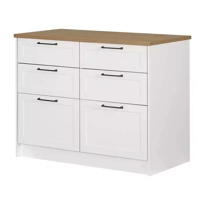 6-Drawer Kitchen Island – Farmhouse Style, White & Maple Nutmeg, 47.25W