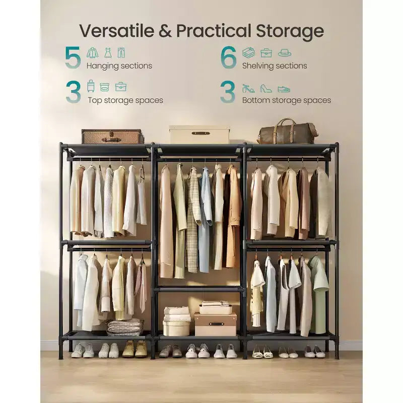 SONGMICS Clothes Rack, Heavy-Duty Wardrobe Closet Organizer with Hanging Rails and Shelves, Total Load 297 lb, Easy Assembly, Ink Black