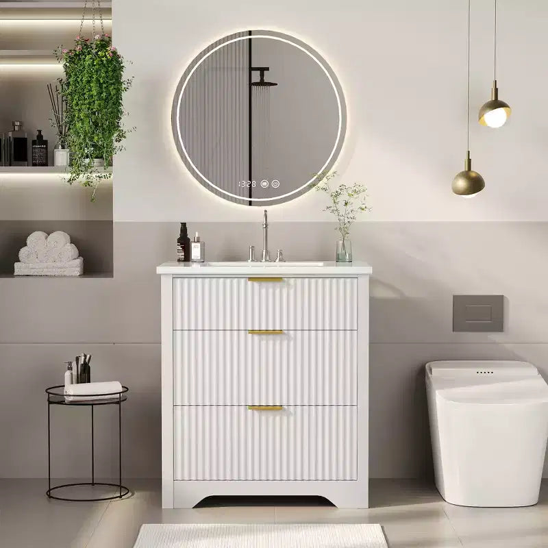 Modern Fluted Bathroom Vanity Set with Integrated Ceramic Basin Freestanding Bathroom Storage Vanity Cabinet with 3 Drawers for Contemporary Bathroom