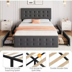 Storage Bed Frame with 4 Drawers & Adjustable Headboard - Upholstered Platform Bed