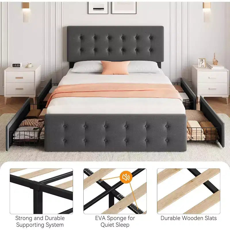 Storage Bed Frame with 4 Drawers & Adjustable Headboard - Upholstered Platform Bed