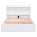 Full Storage Platform Bed with Trundle, Bookcase Headboard and Charging Station, Wooden Full Size Bed Frame with Shelves and Drawers