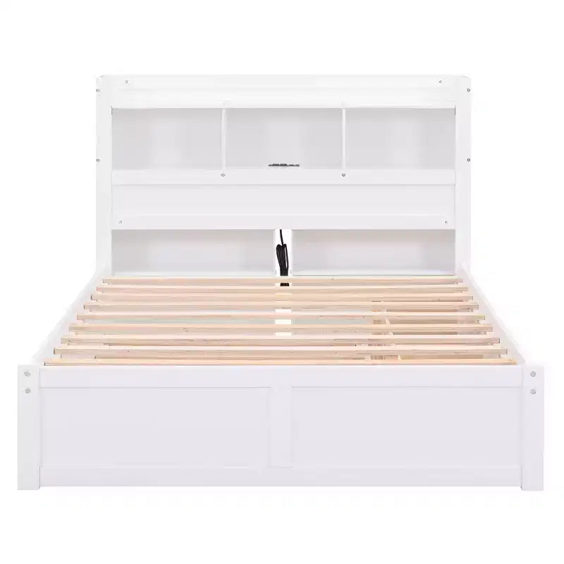 Full Storage Platform Bed with Trundle, Bookcase Headboard and Charging Station, Wooden Full Size Bed Frame with Shelves and Drawers