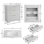 Modern Fluted Bathroom Vanity Set with Integrated Ceramic Basin Freestanding Bathroom Storage Vanity Cabinet with 3 Drawers for Contemporary Bathroom