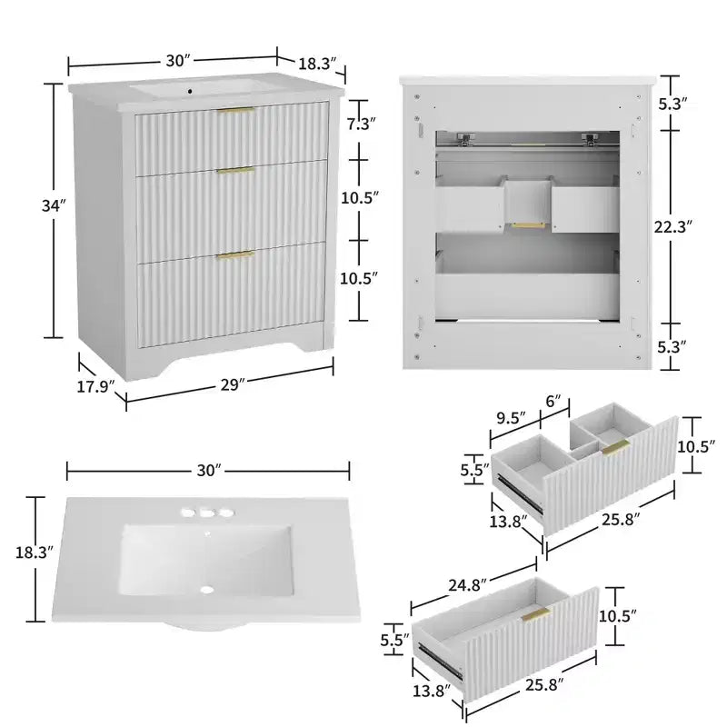 Modern Fluted Bathroom Vanity Set with Integrated Ceramic Basin Freestanding Bathroom Storage Vanity Cabinet with 3 Drawers for Contemporary Bathroom
