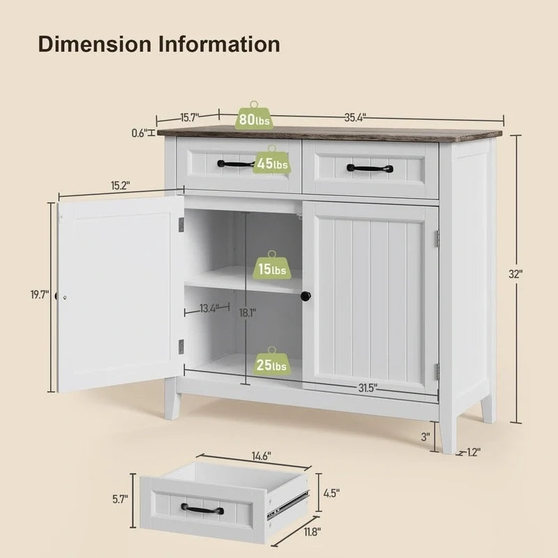 Buffet de cuisine avec 2 tiroirs, meuble de rangement, console de café, meuble d'entrée en bois avec placard à double porte