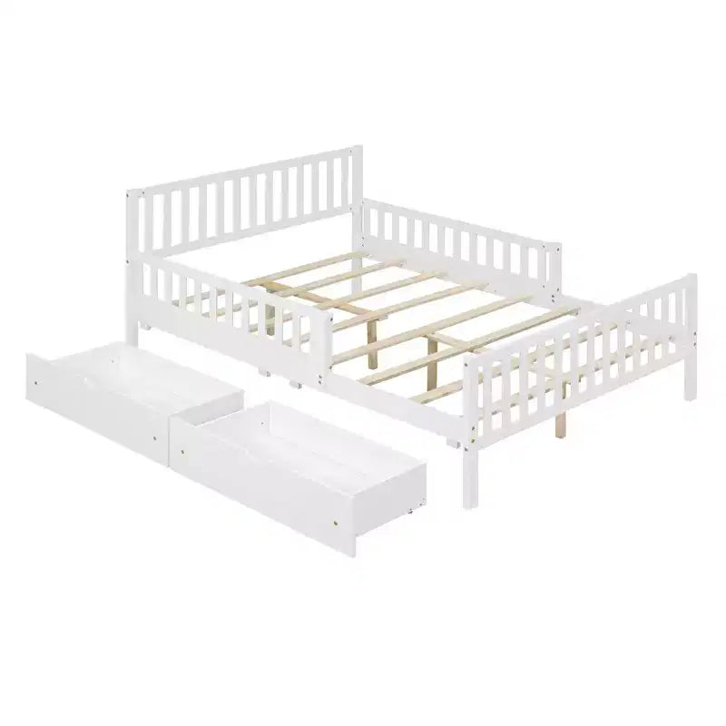 Full Size Wood Platform Bed with Guardrails on Both Sides and Two Storage Drawers, White