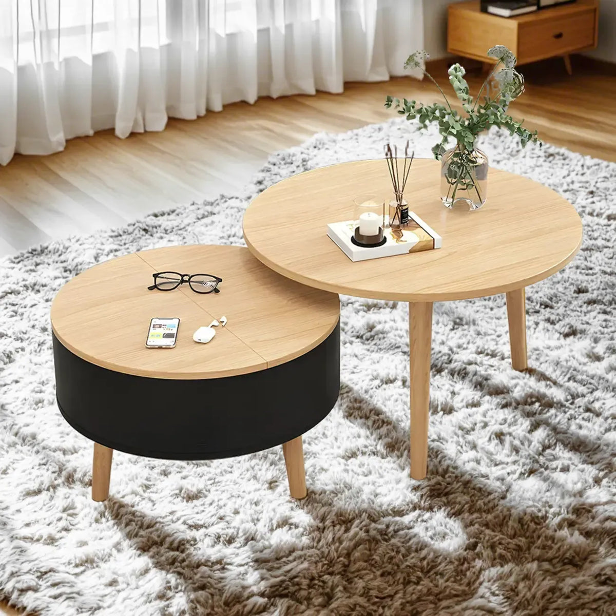 Black White Modern Round Wood Coffee Table with Storage