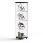 Okak Display Cabinet with Glass Door and Acrylic Shelves, Storage Cabinet with Lock and Wheels, Cabinet for Living Room, Bedroom