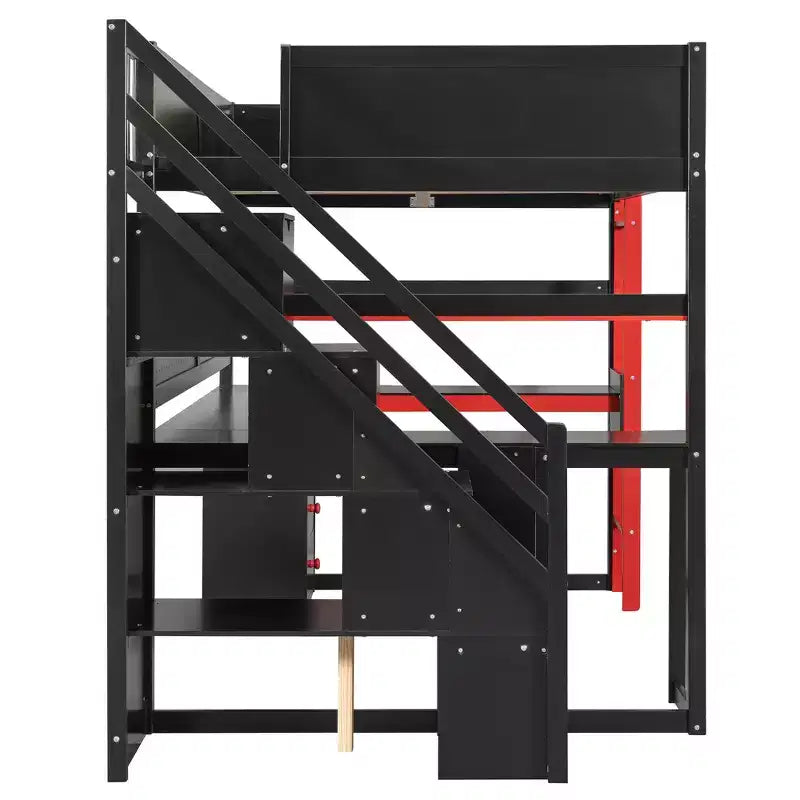 GDFStudio Scott Wooden Gaming Loft Bed with Storage Stairs, Desk, Shelves & Pegboard