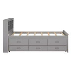 Platform Bed with Trundle and Drawers, Storage Platform Bed with USB, Wood Platform Bed with Bookcase
