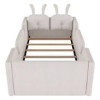 Whisen Twin Platform Bed, Kids Floor Upholstered Bed Frame with Rabbit Cushion, Removable Side Rails