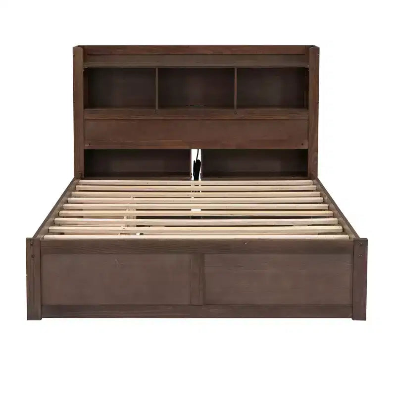 Full Storage Platform Bed with Trundle, Bookcase Headboard and Charging Station, Wooden Full Size Bed Frame with Shelves and Drawers