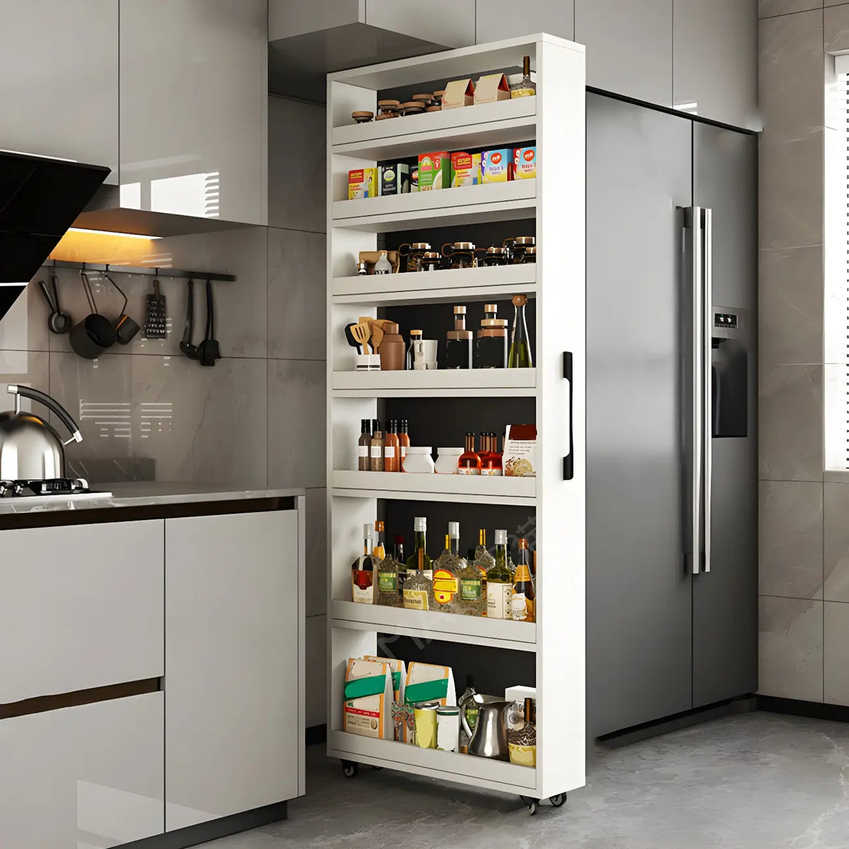 Modern Wooden Buffet Table with Open Shelves and Caster