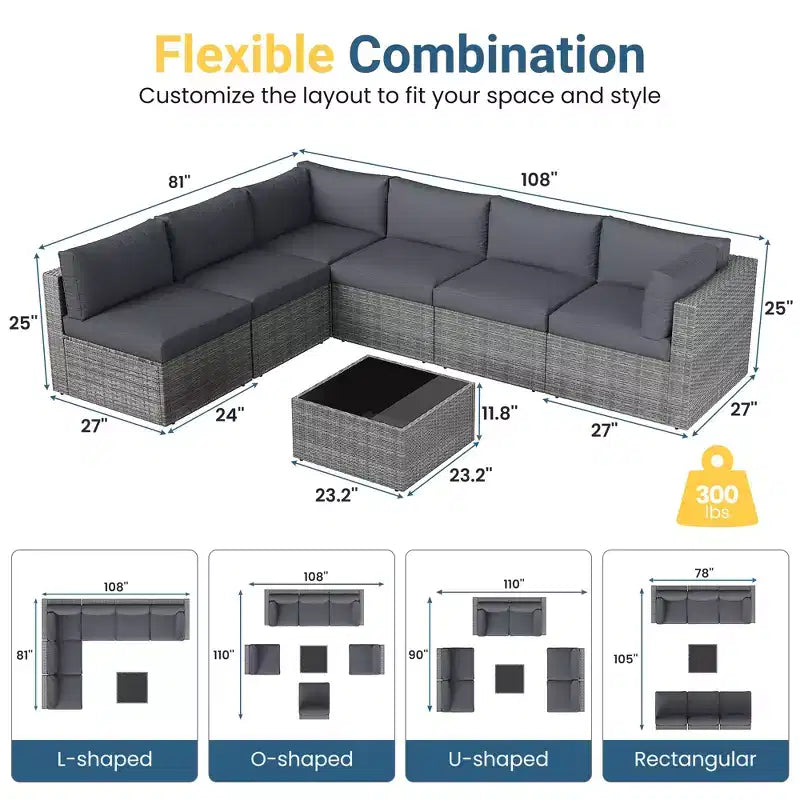 Outdoor 7-Piece Patio Furniture Set, Wicker Patio Conversation Sets with Cushions and Coffee Table, Outdoor Modular Sectional Sofa
