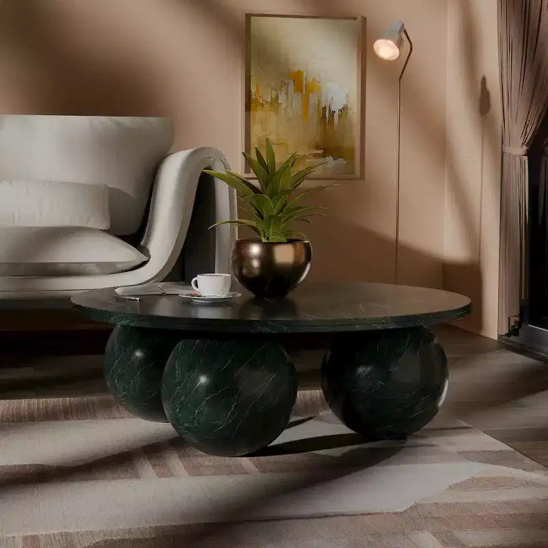 Round Marble Coffee Table with Sphere Legs, Multicolor, Seats 4–6