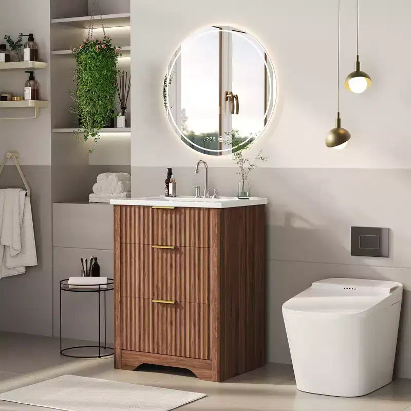 Modern Fluted Bathroom Vanity Set with Integrated Ceramic Basin Freestanding Bathroom Storage Vanity Cabinet with 3 Drawers for Contemporary Bathroom