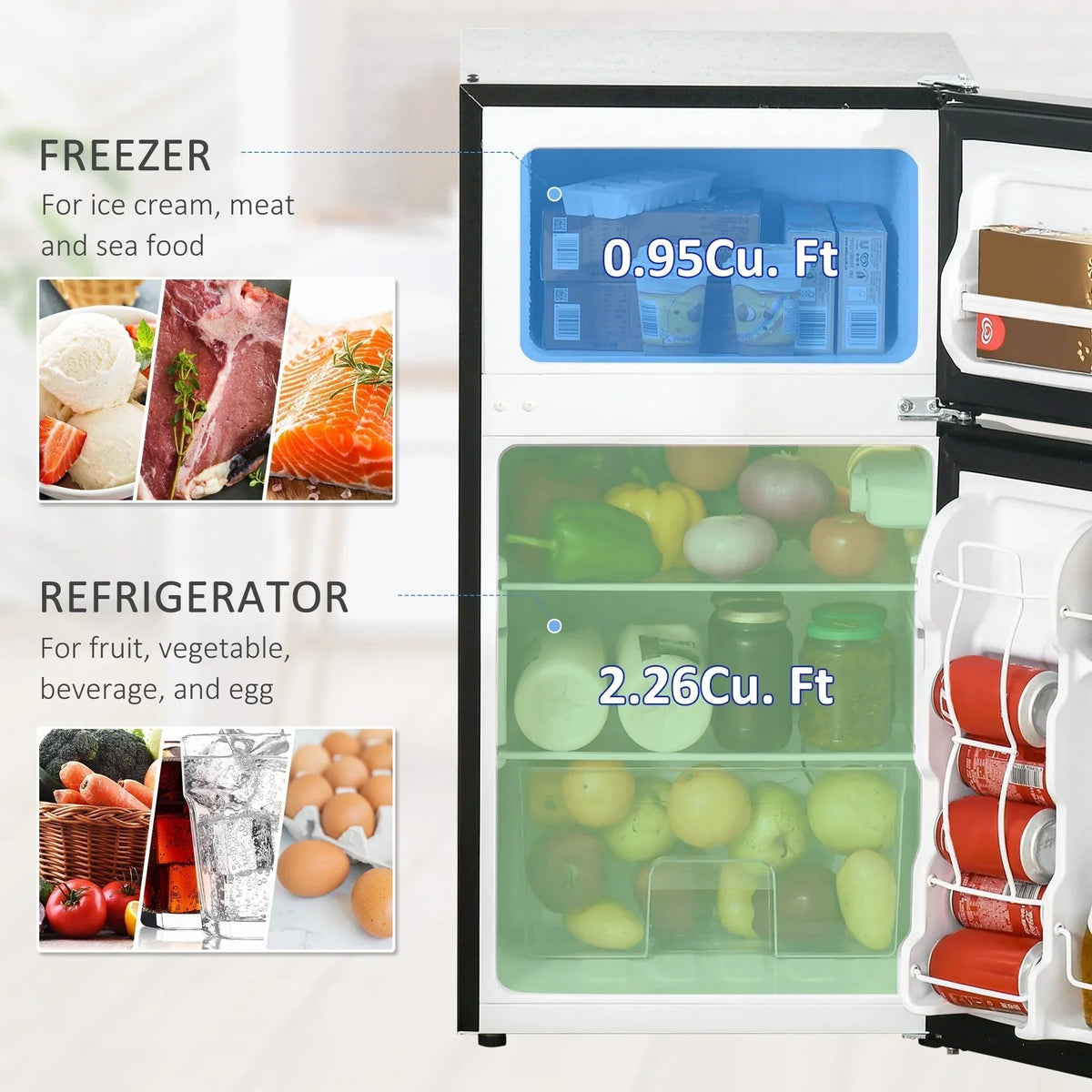 HOMCOM Double Door Mini Fridge with Freezer, 3.2 Cu.Ft Compact Refrigerator with Adjustable Shelf, Adjustable Thermostat