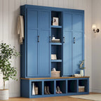 Black / White / Blue Farmhouse Hall Tree with Shoe Cabinet, Bench, Hooks and Open Shelves for 1窶・ Person