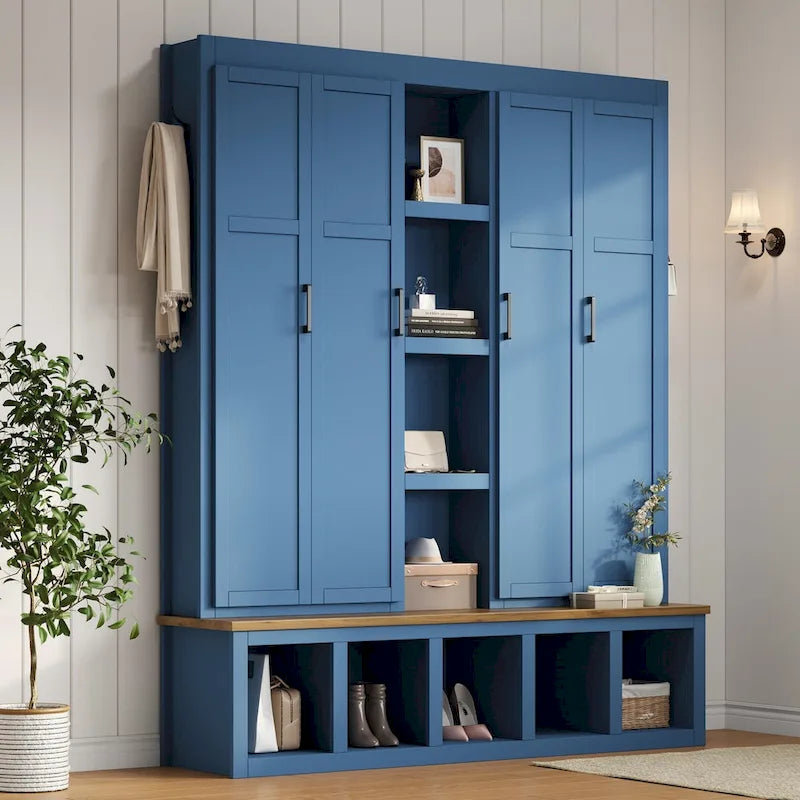 Black / White / Blue Farmhouse Hall Tree with Shoe Cabinet, Bench, Hooks and Open Shelves for 1窶・ Person